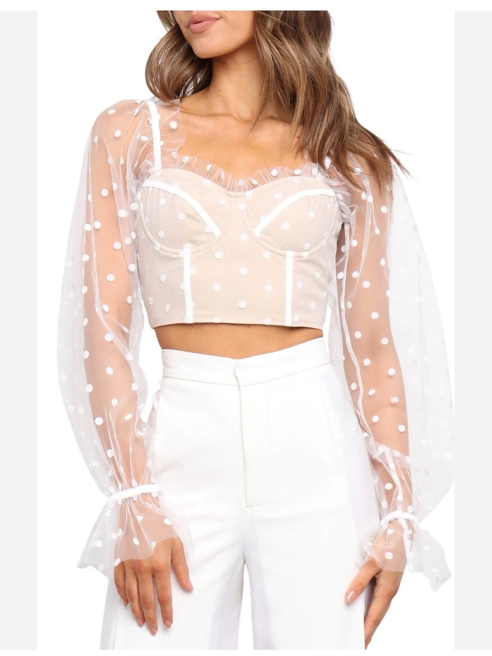 Away White Sheer Polka Dot Mesh Crop Top with Nude Bustier